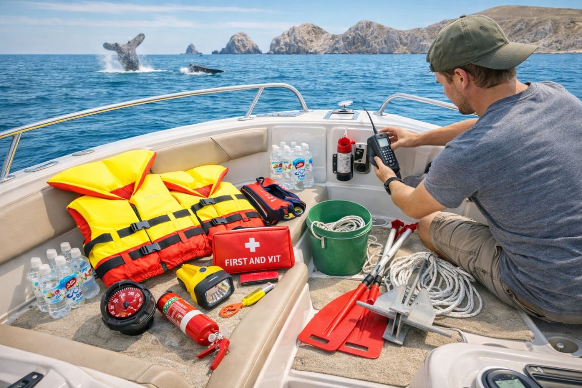 Boat safety equipment prepared during a Cabo whale watching tour with our licensed tour agency, including life jackets, first aid kit, VHF radio, anchor, and emergency gear onboard.