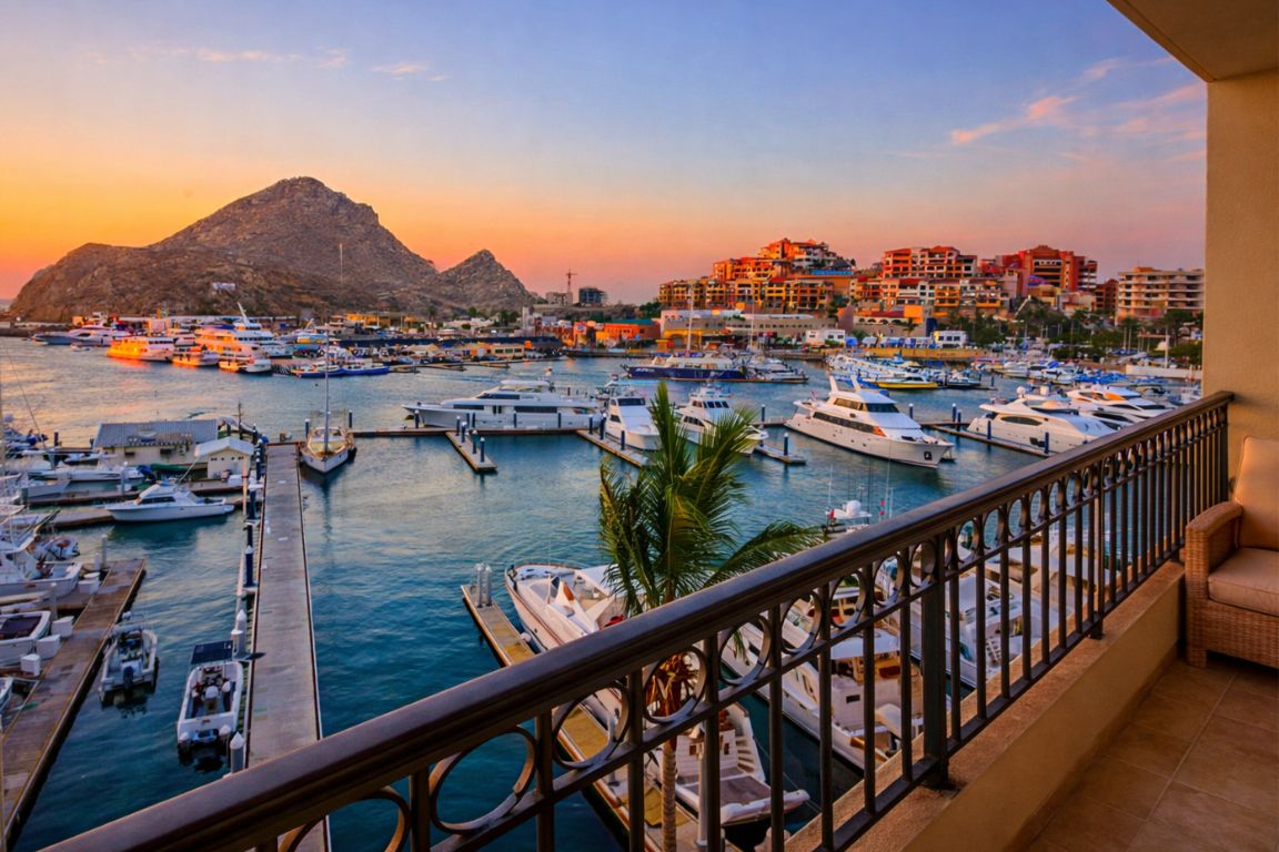 Panoramic sunset over Cabo marina and waterfront resorts, taken from a hotel balcony during a Cabo Whale Watching Tours trip