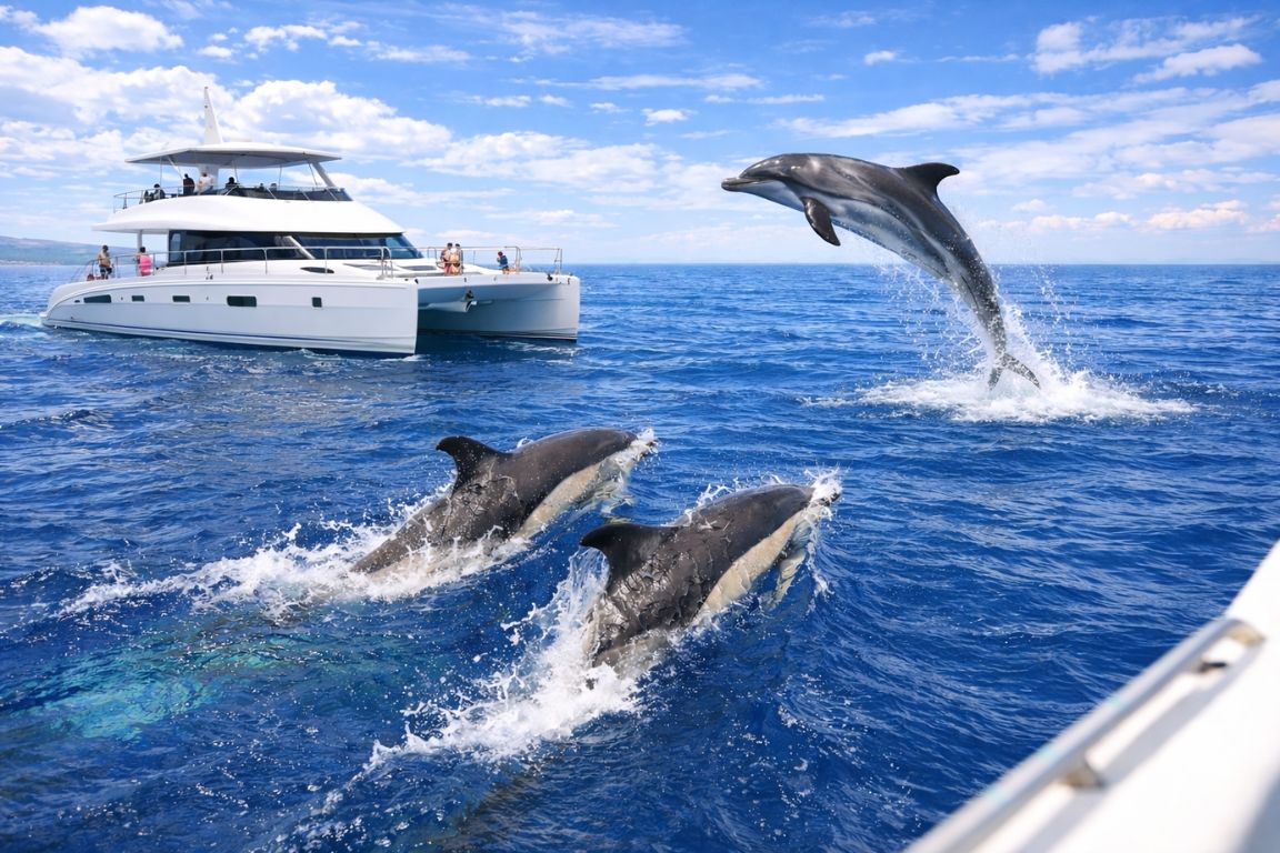 Dolphins swimming next to the boat during a Cabo Whale Watching Tours wildlife watching experience