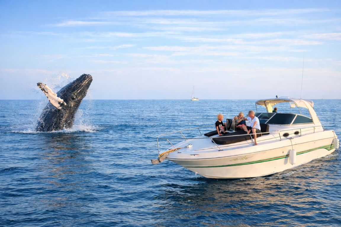 Private whale watching tour in Cabo San Lucas showing a humpback whale breaching near the boat