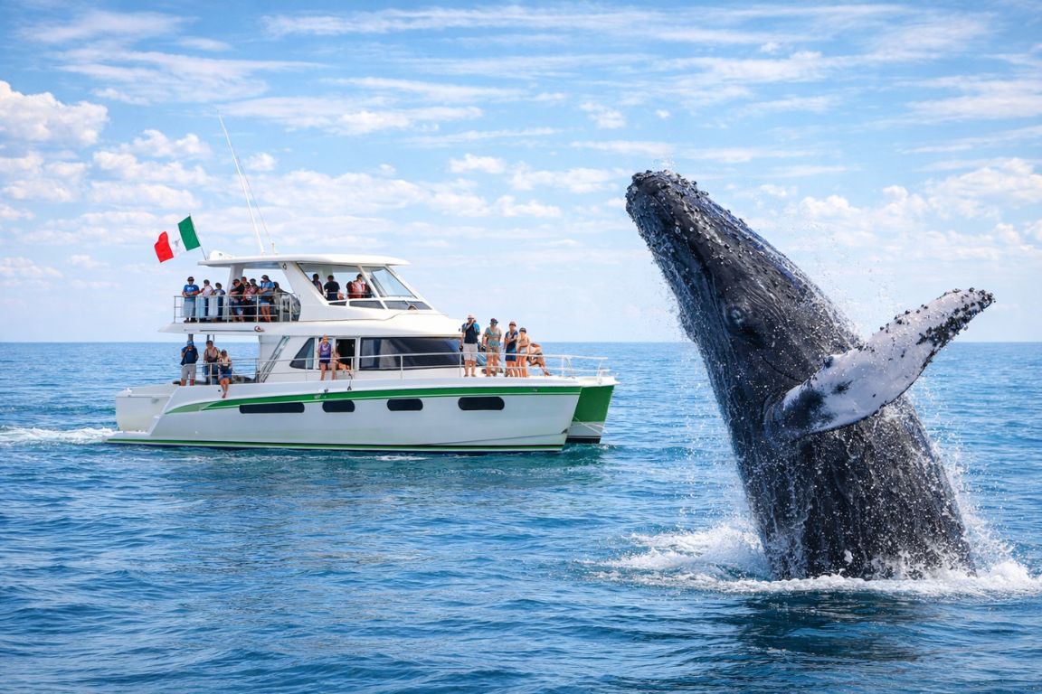 Luxury private whale watching boat in Cabo San Lucas encountering a breaching humpback whale during a guided tour with our agency.
