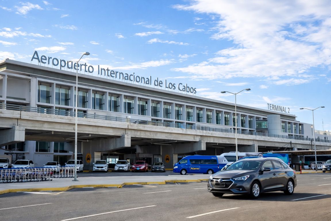 Taxi in Los Cabos International Airport terminal building on a sunny day