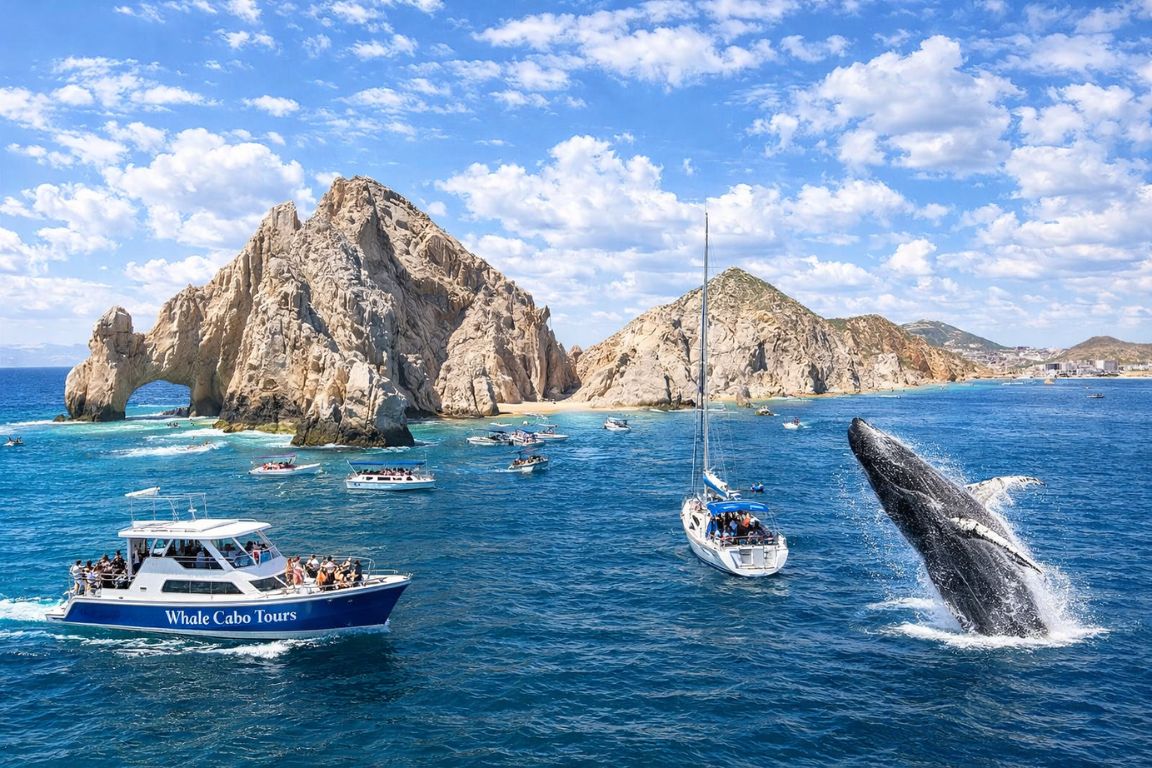 Whale watching tour near El Arco in Cabo with multiple boats observing a breaching humpback whale on a Cabo Whale Watching Tours trip
