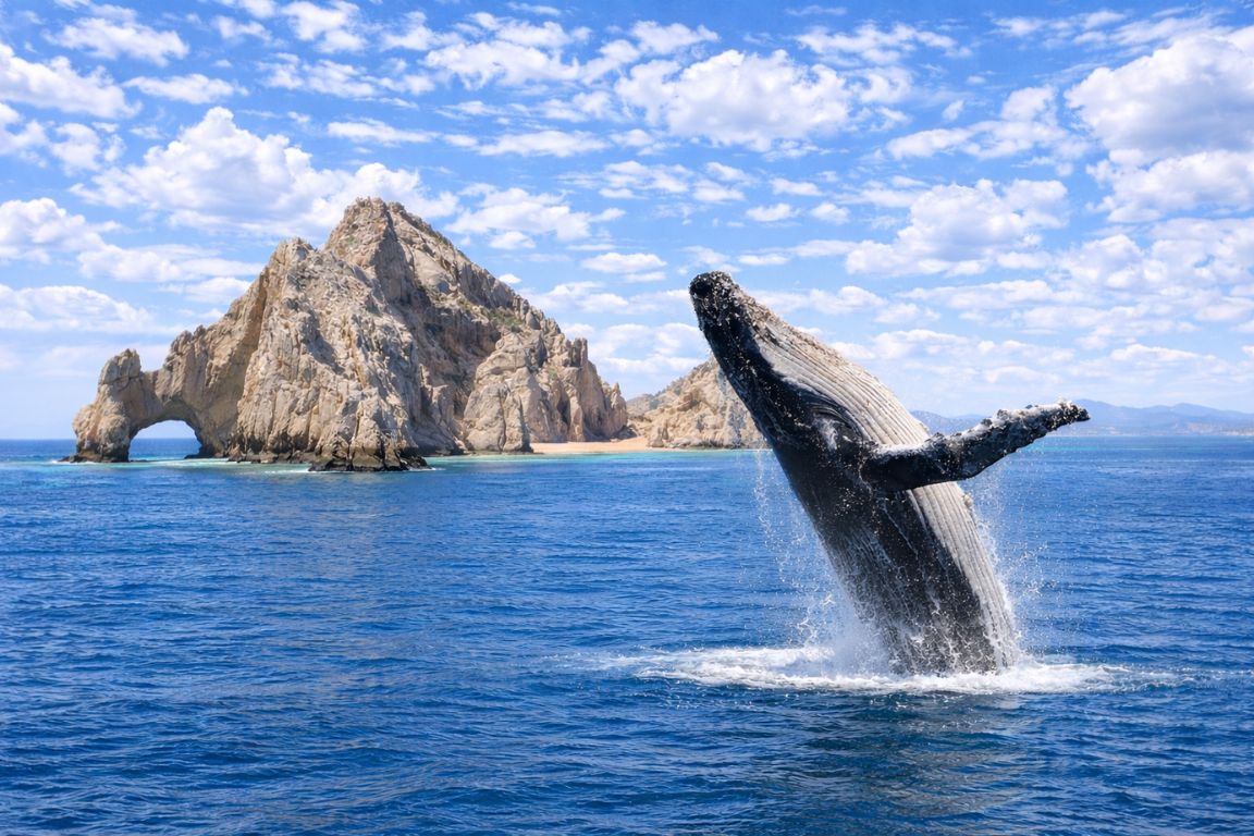 Humpback whale breaching in El Arco Cabo San Lucas waters during a whale watching tour