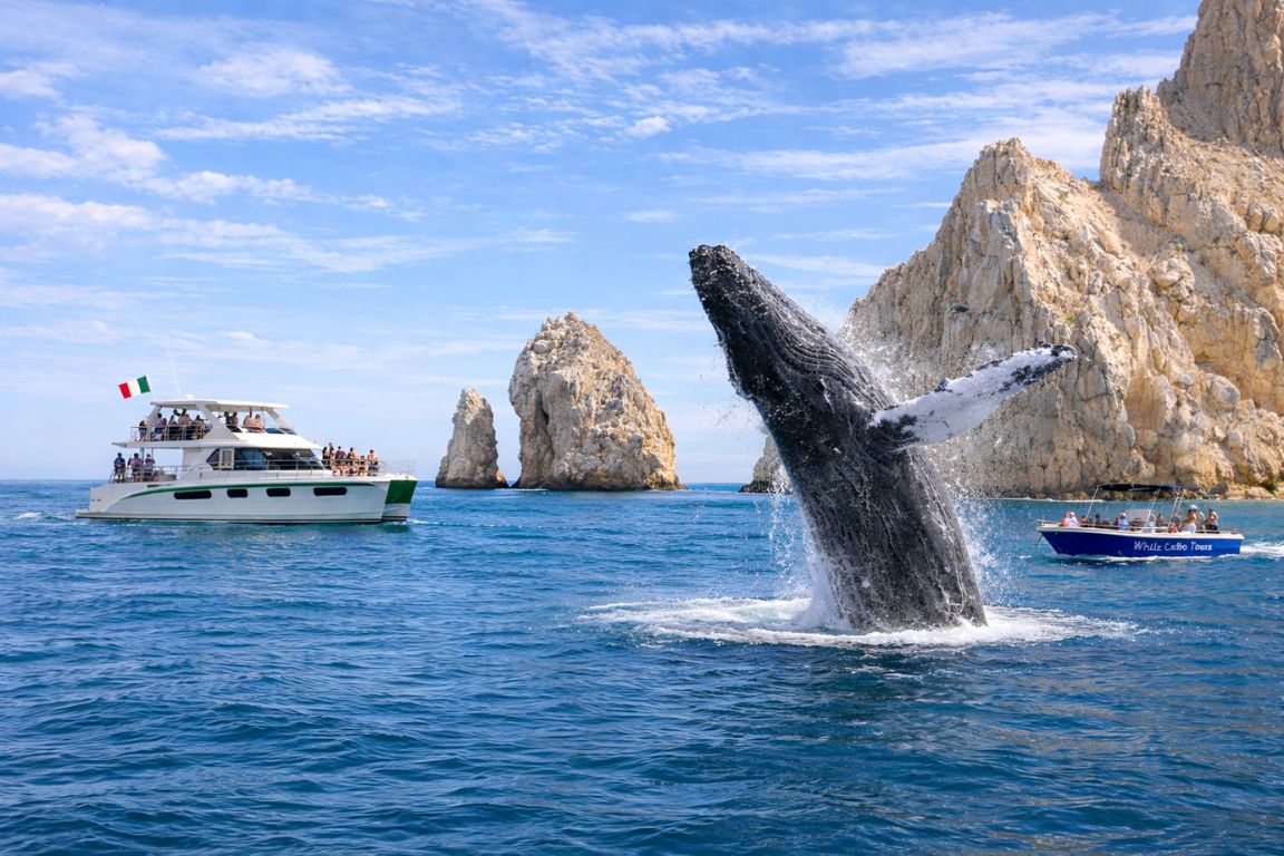 Whale watching tour near El Arco in Cabo with multiple boats seeing a breaching humpback whale on a Cabo Whale Watching Tours trip
