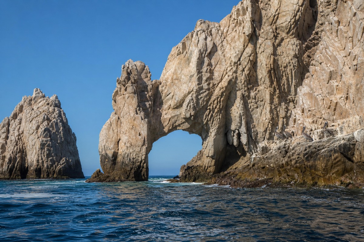 The granite arch at Land's End seen low from a boat, with sunlit water passing through the opening