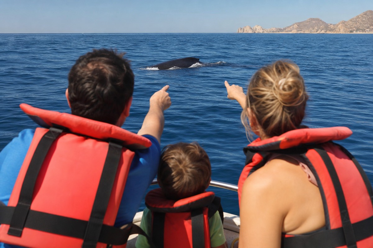 Family with two young children watching from the bow rail of a catamaran during a morning whale watching trip in Cabo San Lucas