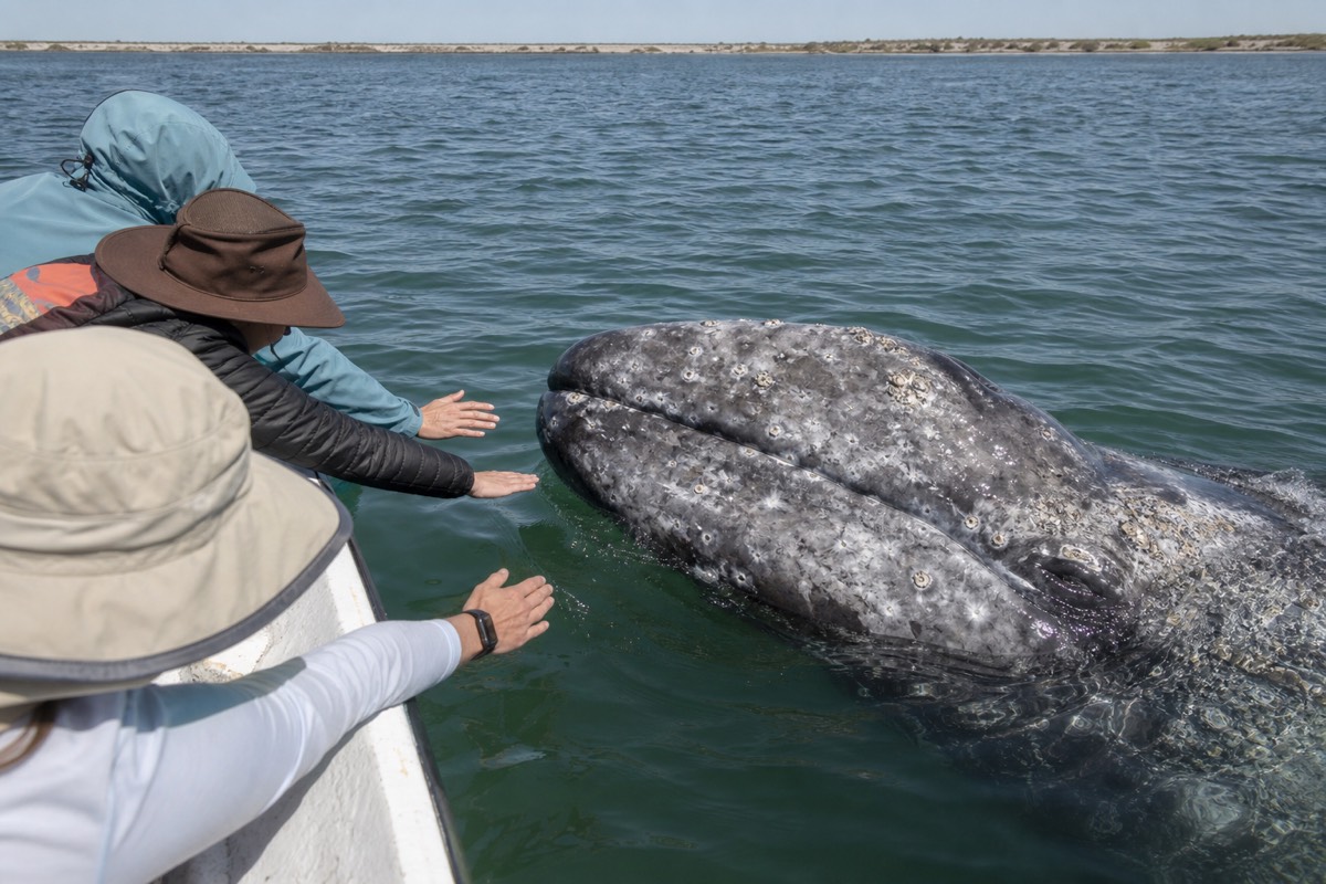A gray whale surfacing beside a panga in Baja California Sur