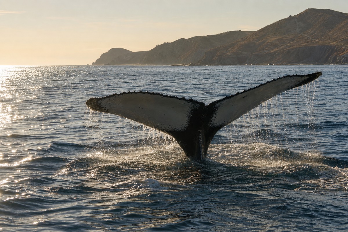 A humpback fluke lifting before a dive off Cabo