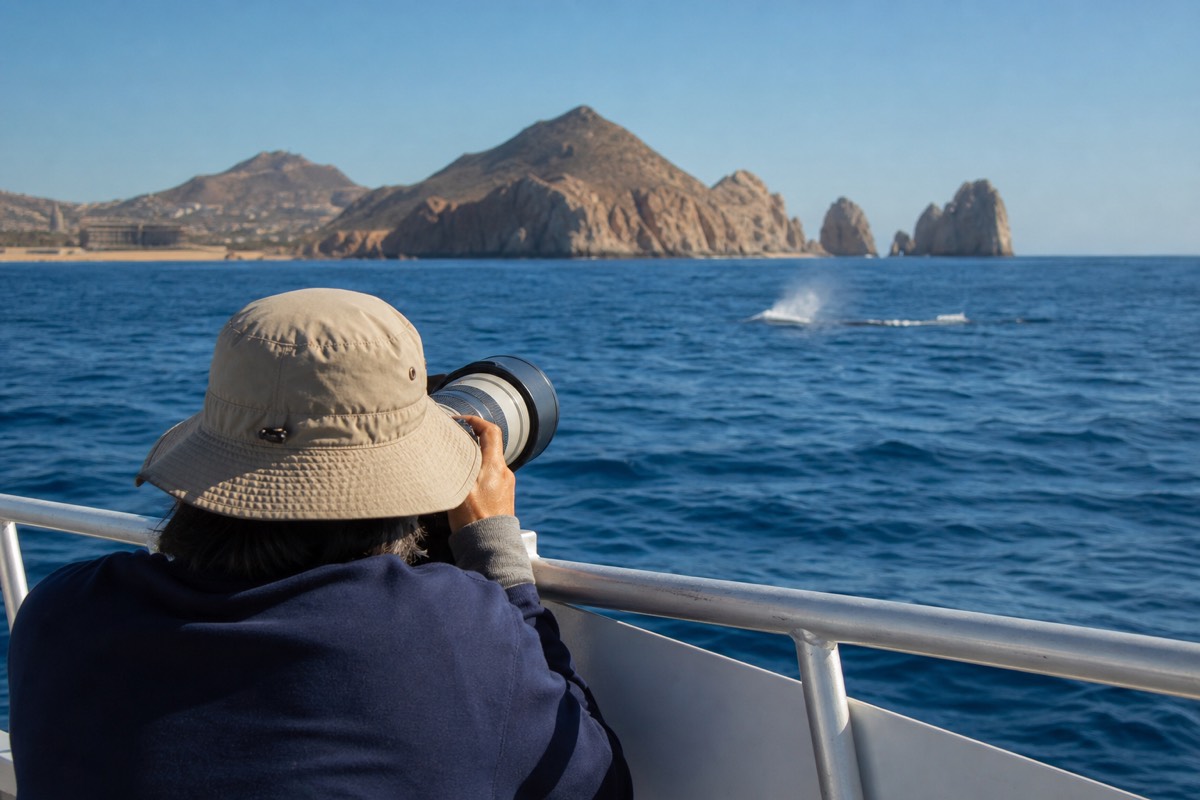 A photographer braced against a boat rail with a telephoto lens raised toward open water at first light