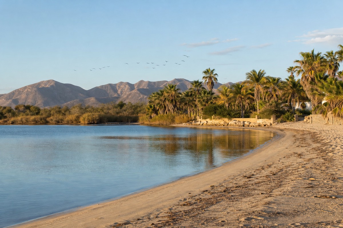 Still estuary water backed by palms at San José del Cabo, with the open coastline visible beyond the dunes